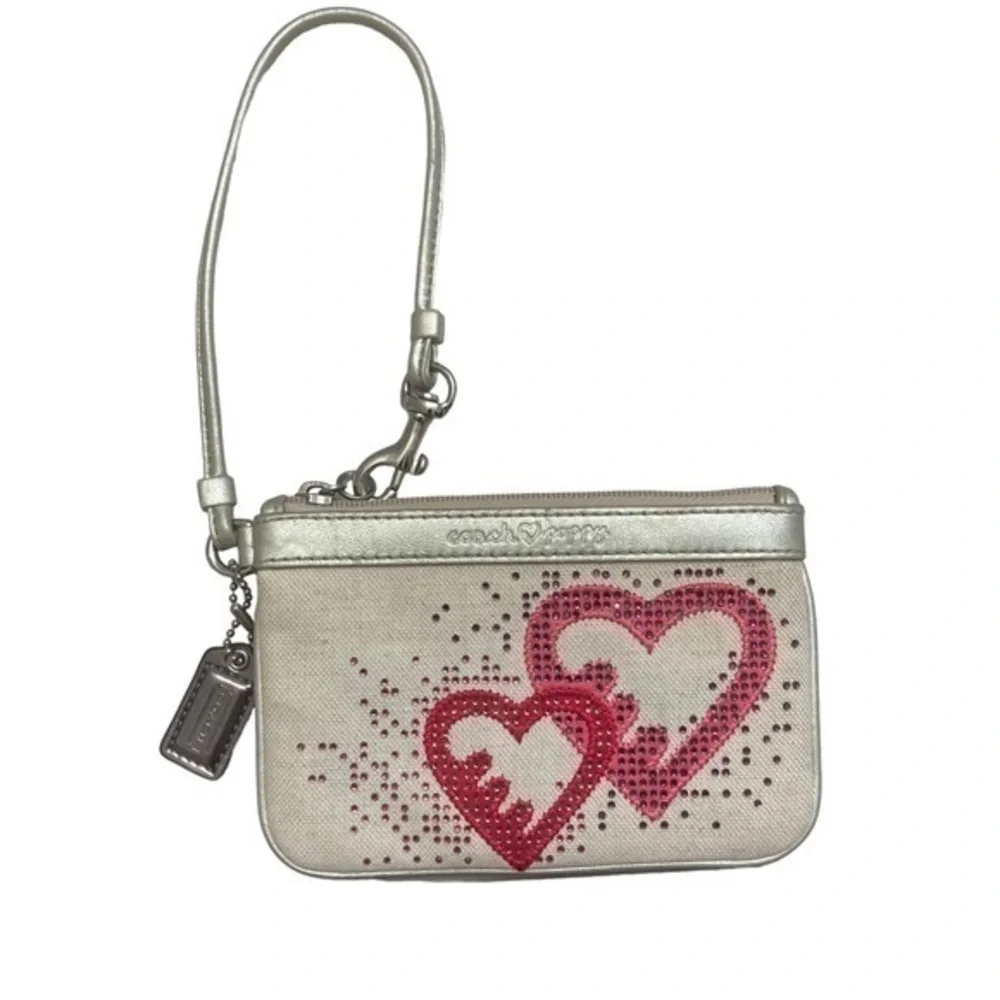 Coach poppy double heart canvas leather rhinestone wristlet bag think valentine